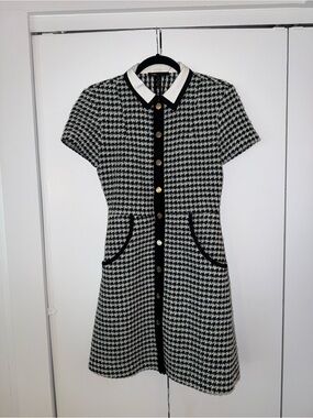 Maje Black and White Houndstooth Short Sleeve Dress with Contrast Collar